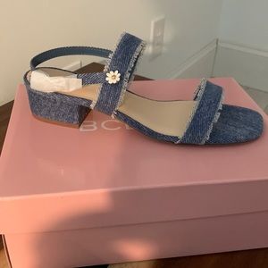 BCBG DENIM BLOCK HEEL SANDALS